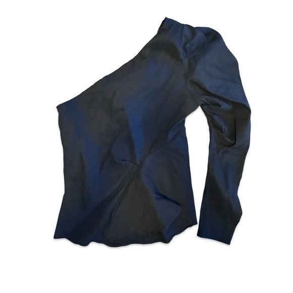 Zara One Shoulder Top Long Sleeve Ruched‎ Black Blouse Size M - Picture 3 of 5